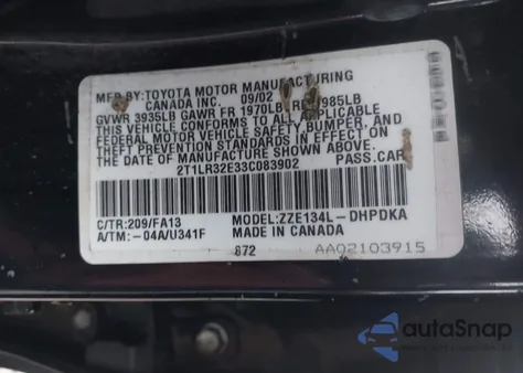 2003 Toyota Matrix Standard из США, поврежденный, VIN 2T1LR32E33C083902